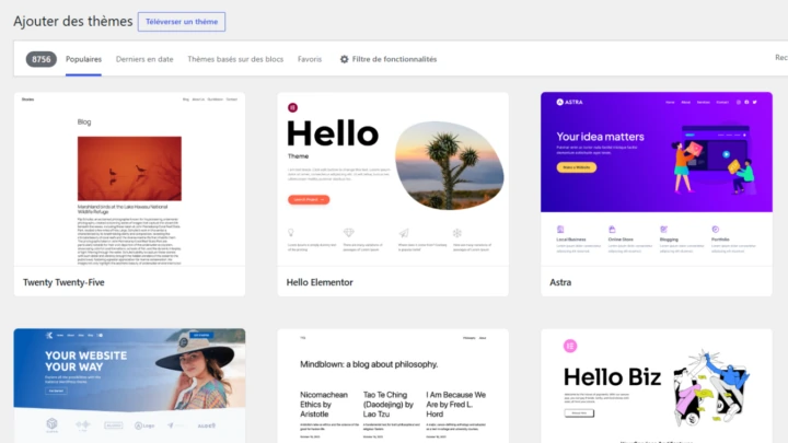 Écran Ajouter des thèmes de WordPress avec les thèmes populaires