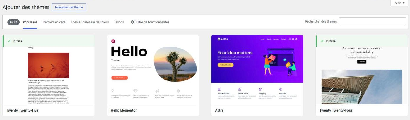 Écran Ajouter des thèmes de l’administration WordPress avec les thèmes populaires Twenty Twenty-Five, Hello Elementor, Astra et Kadence
