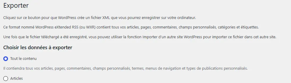 Écran Outils > Exporter de WordPress avec l’option Tout le contenu sélectionnée
