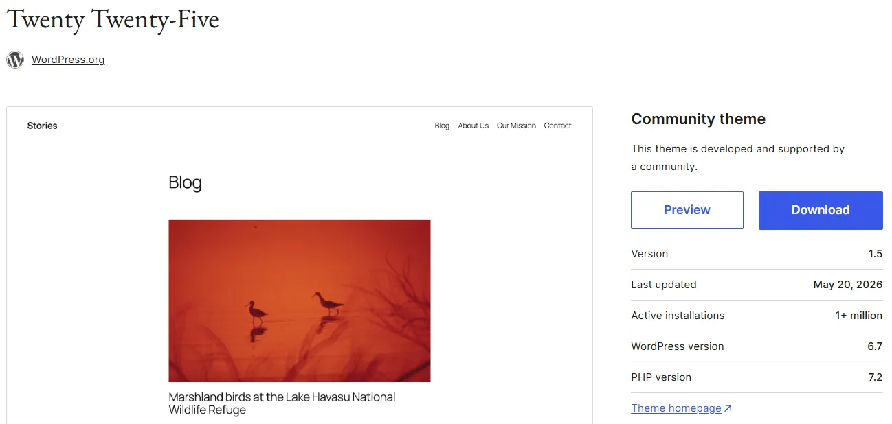 Fiche du thème Twenty Twenty-Five sur WordPress.org avec sa version, sa dernière mise à jour, ses installations actives et les versions requises