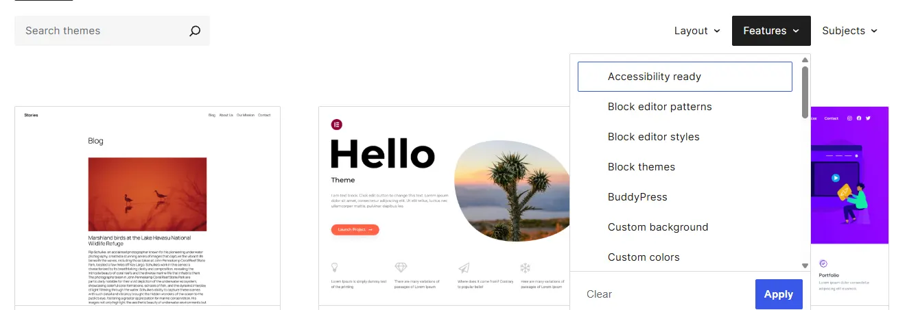 Menu Features du répertoire de thèmes WordPress avec les options Accessibility ready, Block editor patterns et Block themes