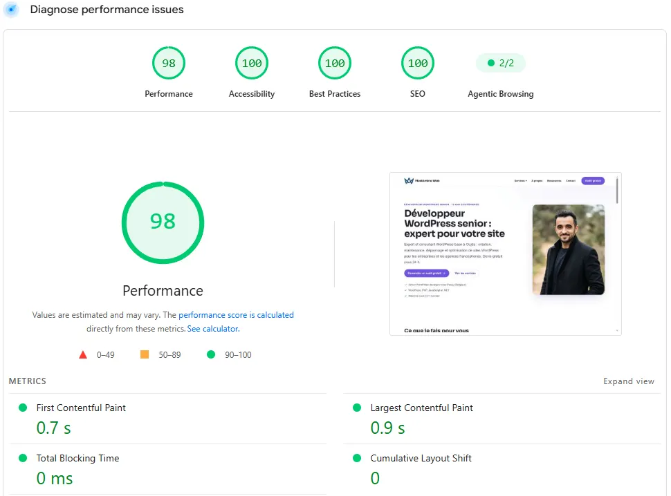 PageSpeed Insights report for medamineweb.com: Performance 98, Accessibility 100, Best Practices 100, SEO 100; FCP 0.7 s, LCP 0.9 s, TBT 0 ms, CLS 0
