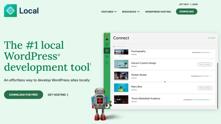Page d’accueil de Local, l’outil gratuit pour développer des sites WordPress en local, avec son bouton de téléchargement