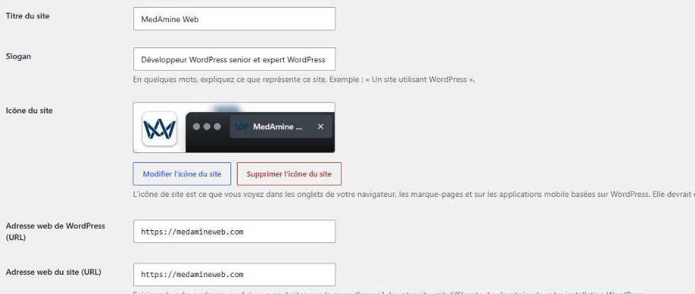 Écran Réglages généraux de WordPress avec le titre du site, le slogan, l’icône du site et les deux adresses web