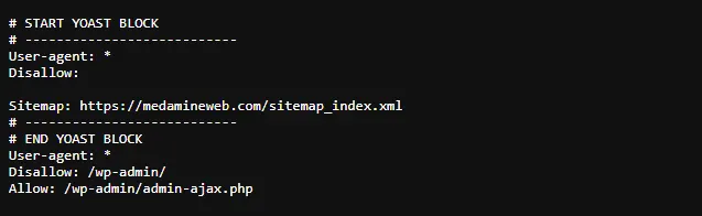 Fichier robots.txt de medamineweb.com avec la ligne Sitemap pointant vers sitemap_index.xml