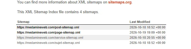 Index de sitemap XML de medamineweb.com listant les sitemaps des articles, des pages, des services et des sujets