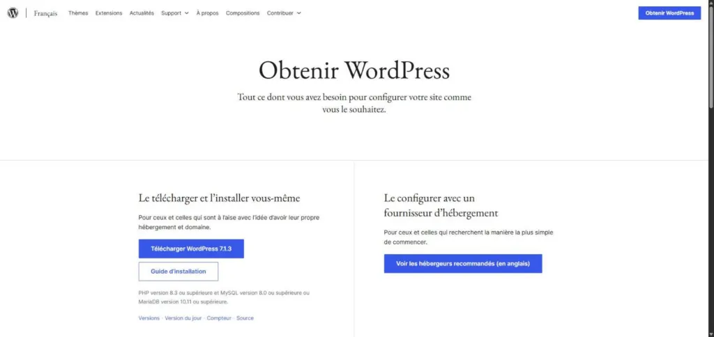 Page Obtenir WordPress sur fr.wordpress.org avec le bouton Télécharger WordPress 7.1.3 et les versions requises de PHP et MySQL
