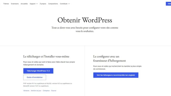 Page Obtenir WordPress sur fr.wordpress.org avec le bouton Télécharger WordPress 7.1.3 et les versions requises de PHP et MySQL