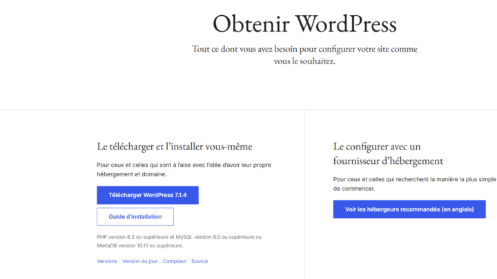 Page Obtenir WordPress sur WordPress.org avec le bouton de téléchargement
