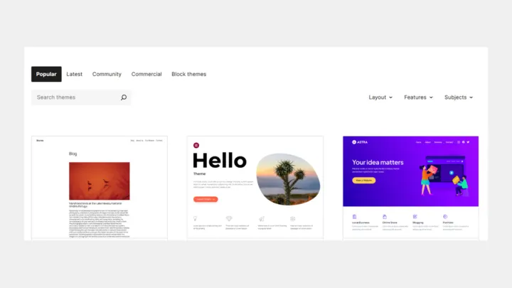 Répertoire officiel des thèmes WordPress avec les onglets Popular, Latest, Community, Commercial et Block themes et les filtres