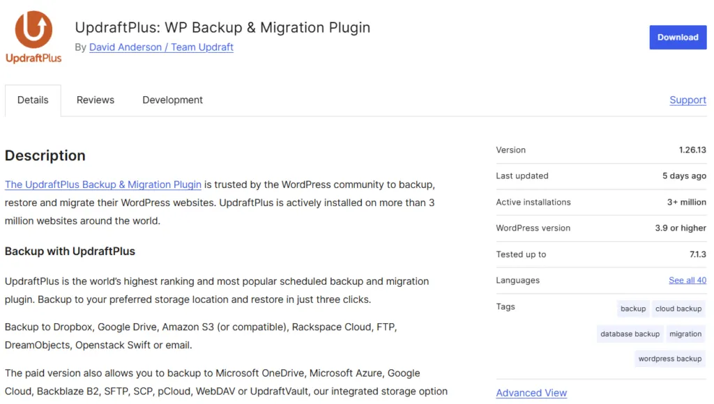 Page de l’extension UpdraftPlus sur WordPress.org avec sa version, ses installations actives et sa compatibilité