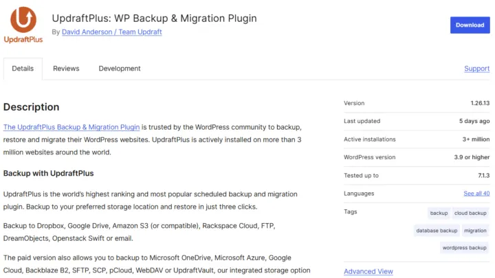 Page de l’extension UpdraftPlus sur WordPress.org avec sa version, ses installations actives et sa compatibilité