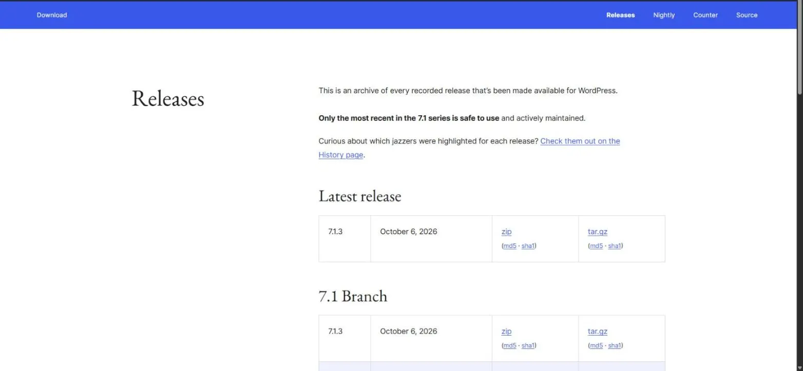 Page Releases de WordPress.org avec la dernière version 7.1.3, ses fichiers zip et tar.gz et leurs sommes de contrôle md5 et sha1