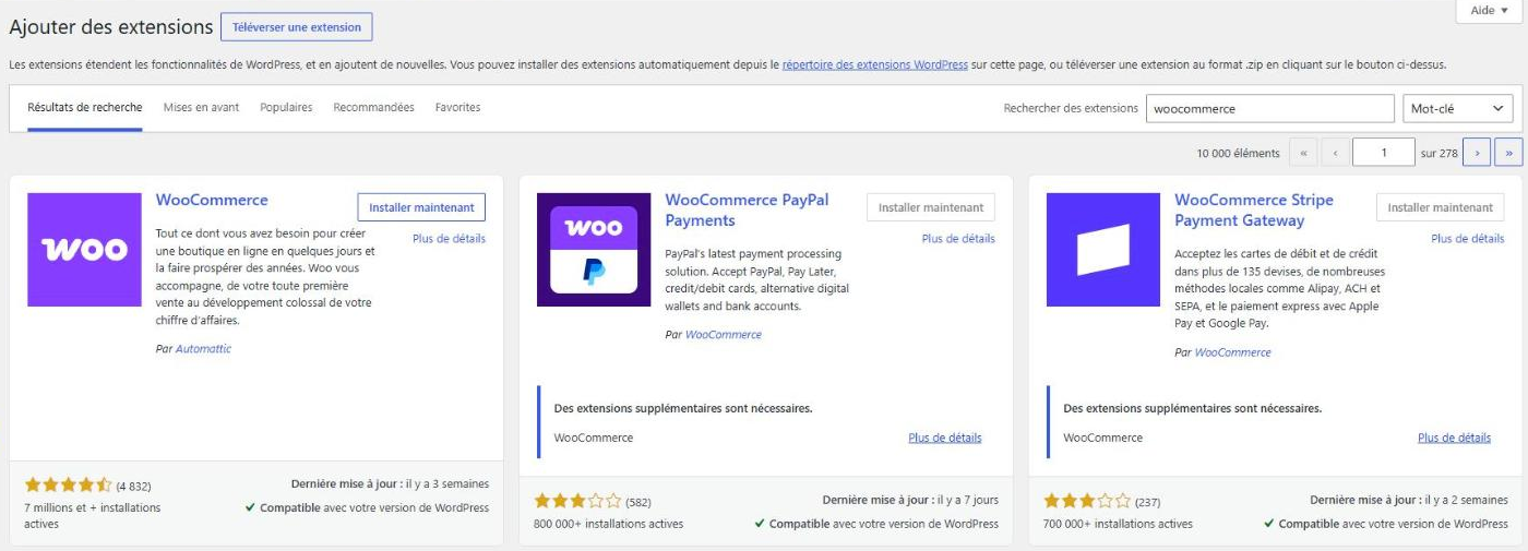 Résultats de recherche WooCommerce dans Ajouter des extensions de WordPress, avec l’extension WooCommerce et ses 7 millions d’installations actives
