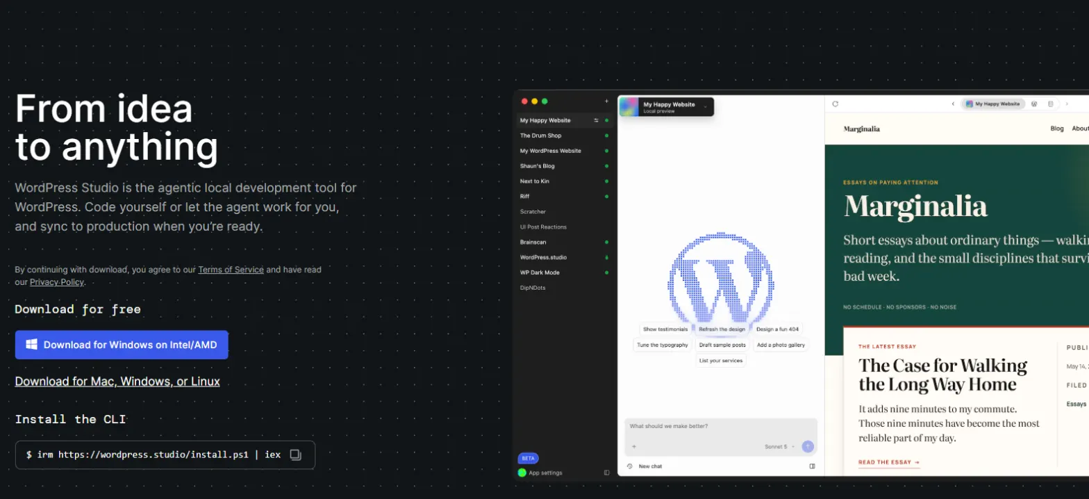 Page de WordPress Studio avec les boutons de téléchargement et l’aperçu de l’application qui gère plusieurs sites locaux