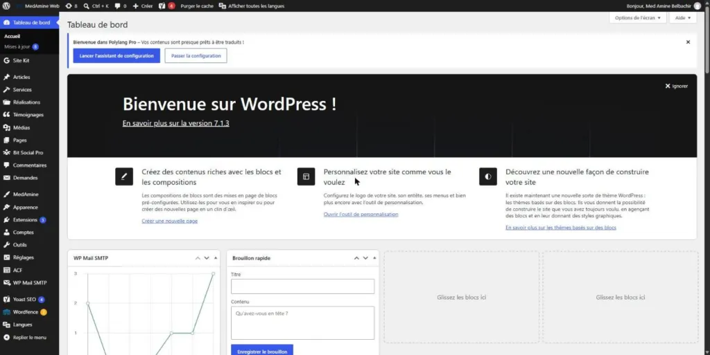 Tableau de bord de l’administration WordPress ouvert via wp-admin, avec le menu de gauche et les blocs d’accueil