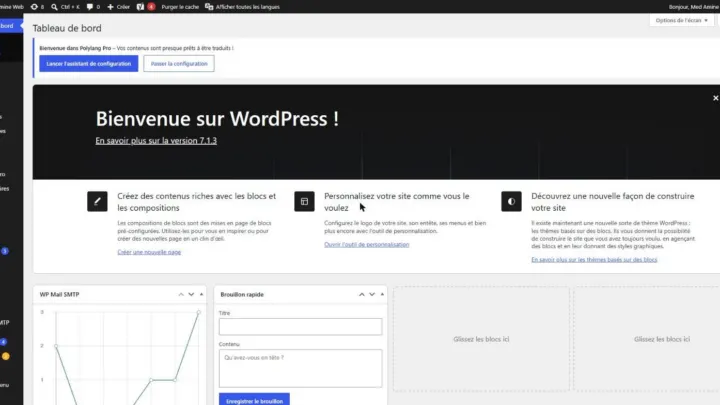 Tableau de bord de l’administration WordPress ouvert via wp-admin, avec le menu de gauche et les blocs d’accueil