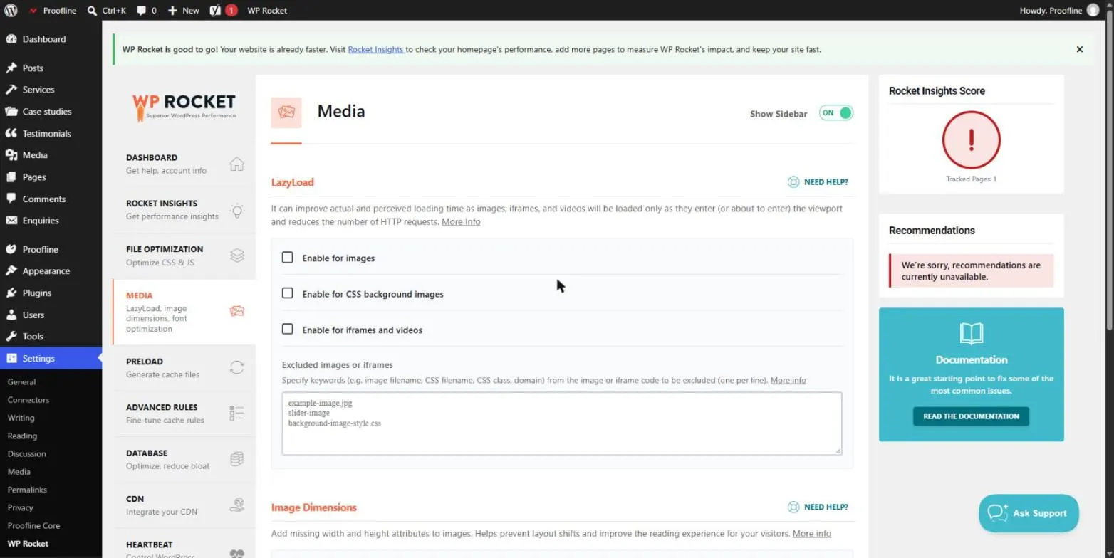 Onglet Média de WP Rocket avec les cases LazyLoad pour les images, les images d’arrière-plan CSS, les iframes et les vidéos