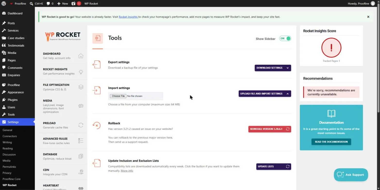 Onglet Outils de WP Rocket avec l’export et l’import des réglages et le bouton de retour à la version précédente
