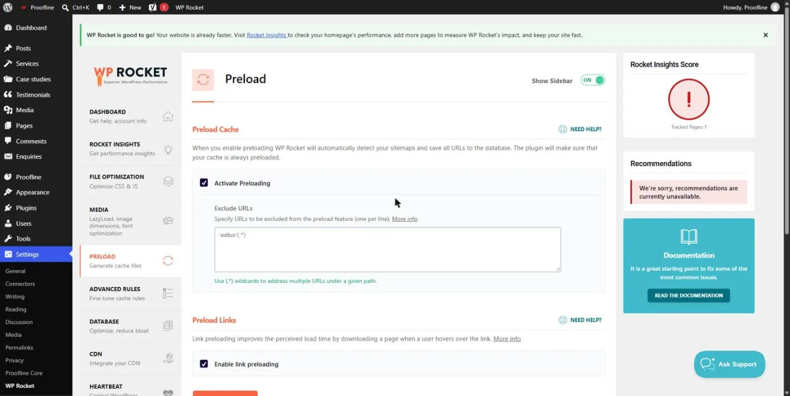 Onglet Préchargement de WP Rocket avec les options Activate Preloading et Enable link preloading cochées