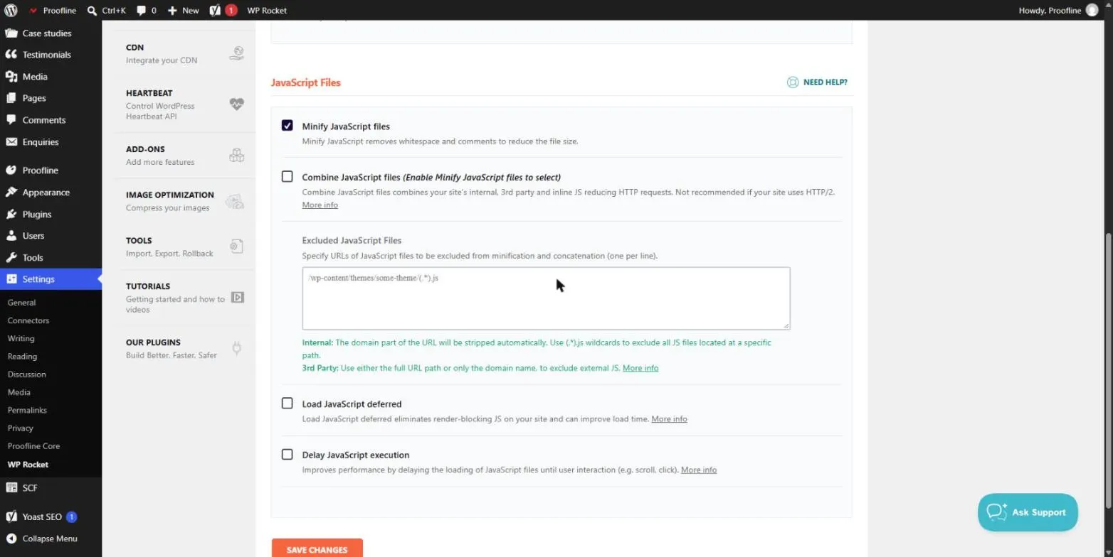 Onglet Optimisation des fichiers de WP Rocket avec les options Load JavaScript deferred et Delay JavaScript execution