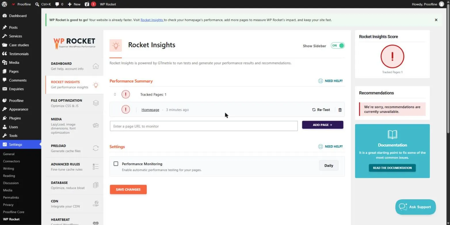 Onglet Rocket Insights de WP Rocket avec la page d’accueil suivie, le bouton Re-Test et le suivi des performances
