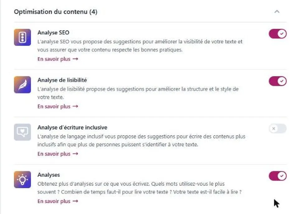 Section Optimisation du contenu de Yoast SEO avec les options Analyse SEO, Analyse de lisibilité, Analyse d’écriture inclusive et Analyses