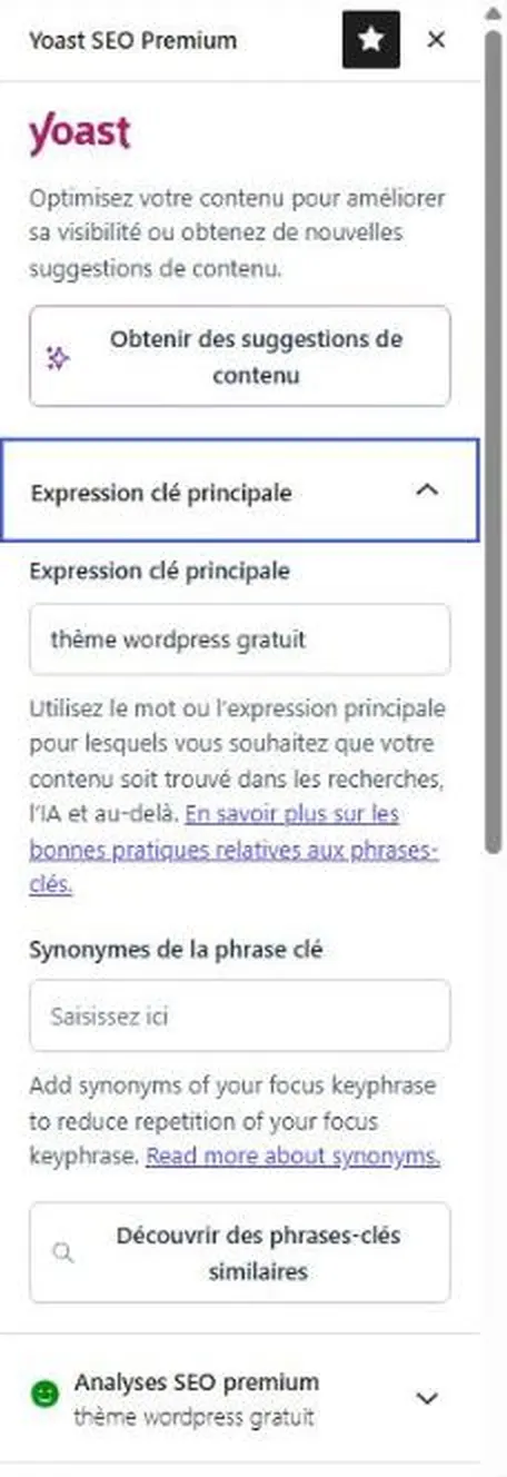 Panneau Yoast SEO de l’éditeur WordPress avec le champ Expression clé principale
