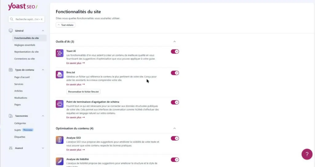 Page Fonctionnalités du site dans les réglages de Yoast SEO avec les outils d’IA et l’optimisation du contenu